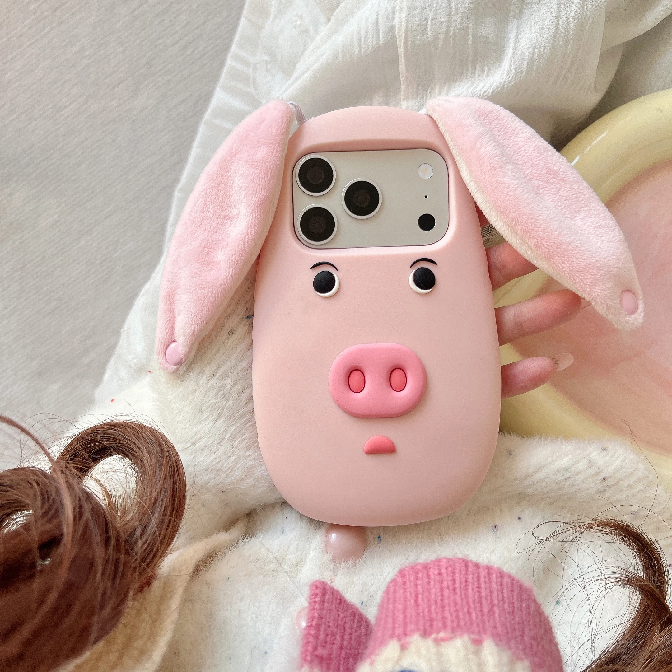 

Cute Cartoon Funny Pig Soft Silicone Phone Case for iPhone 13 14 15 16 17 Pro Max Pink Piggy Long Ear Wrist Strap Bracelet Cover