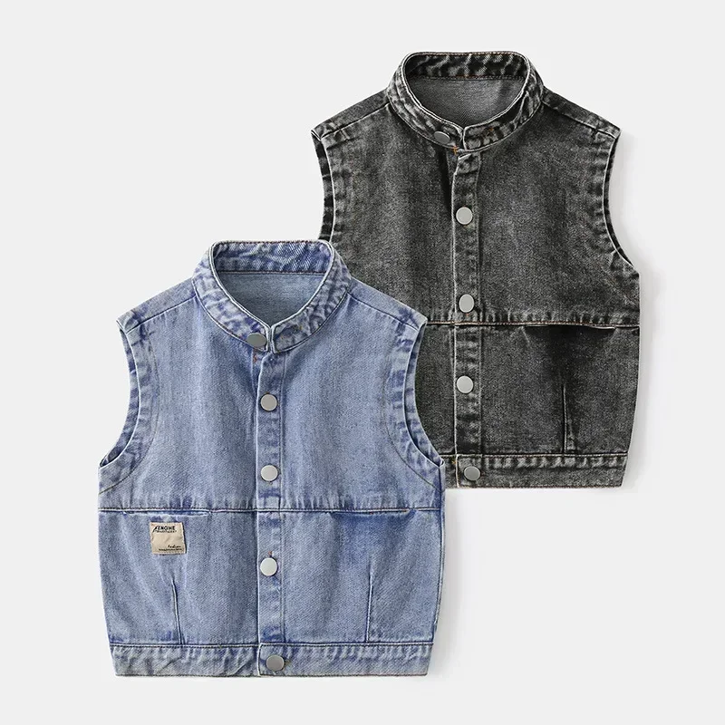 

New 2024 Autumn Kids Stand Collar Sleeveless Denim Waistcoat Boys Fashion Denim Vest Jacket Streetwear Children Clothing