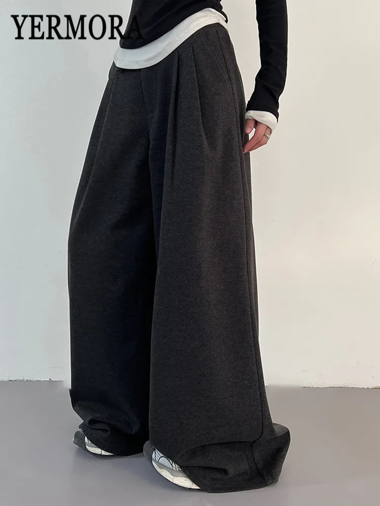 

YERMORA Темно-серые плиссированные толстые широкие брюки с высокой талией и карманами для женщин, новые свободные брюки Fashion Tide, осень-зима 2025