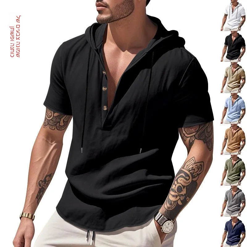 

Loose Linen Short Sleeve Men's Shirt Summer Casual Beachwear Breathable Pure Color Henry Style Top Spring Season PU Leather