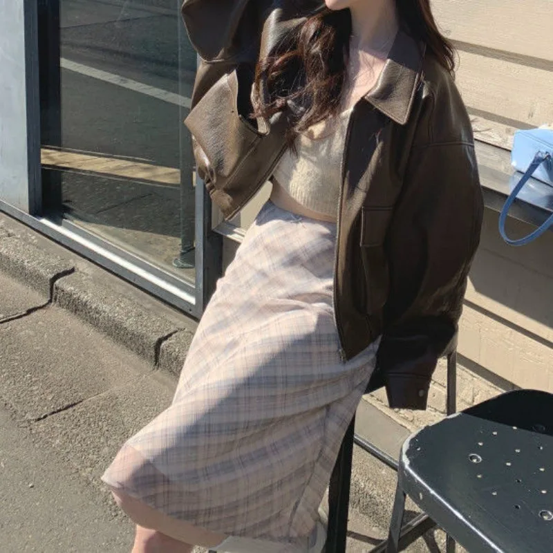 

Клетчатая юбка-русалка, женская весенняя студенческая ретро-юбка с высокой талией, закрывающая бедра, универсальная повседневная корейская версия для отдыха, модная уличная одежда