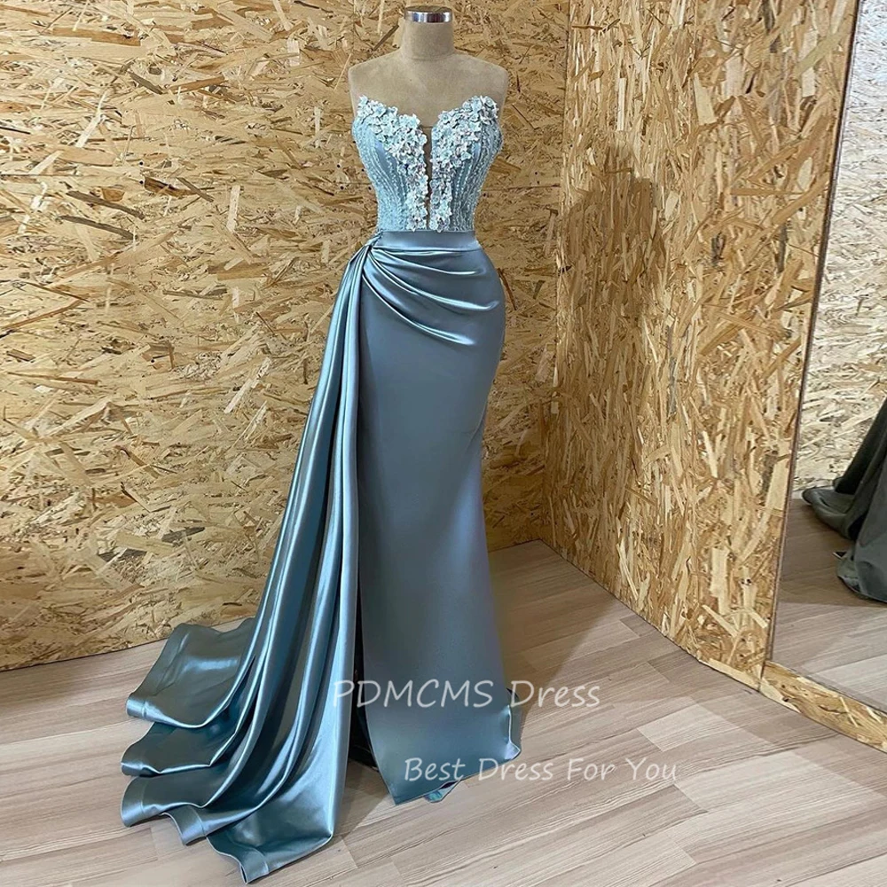 

Gorgeous Blue Satin Evening Dresses Pleated Applique Princess Prom Gowns Mermaid Cocktail Formal Party Dress vestidos de gala