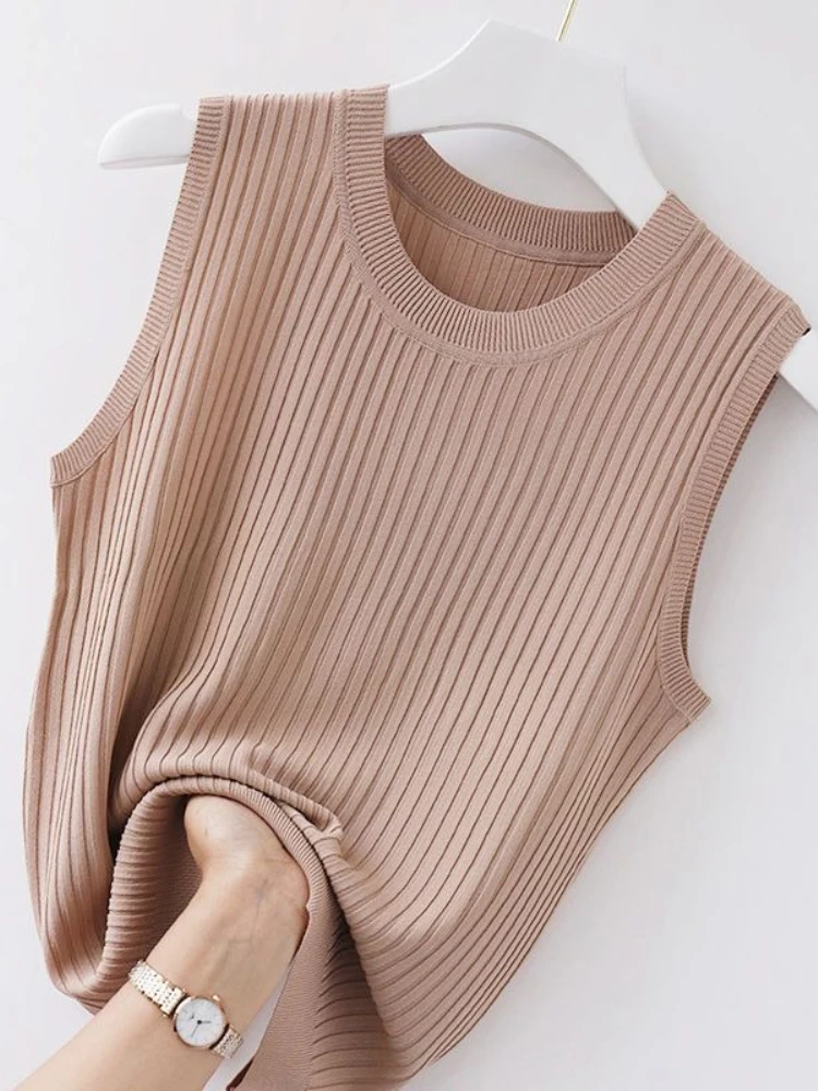 قميص قصير نسائي مريح بلون سادة لعام 2025، قميص صيفي محبوك أبيض قصير بدون أكمام #4