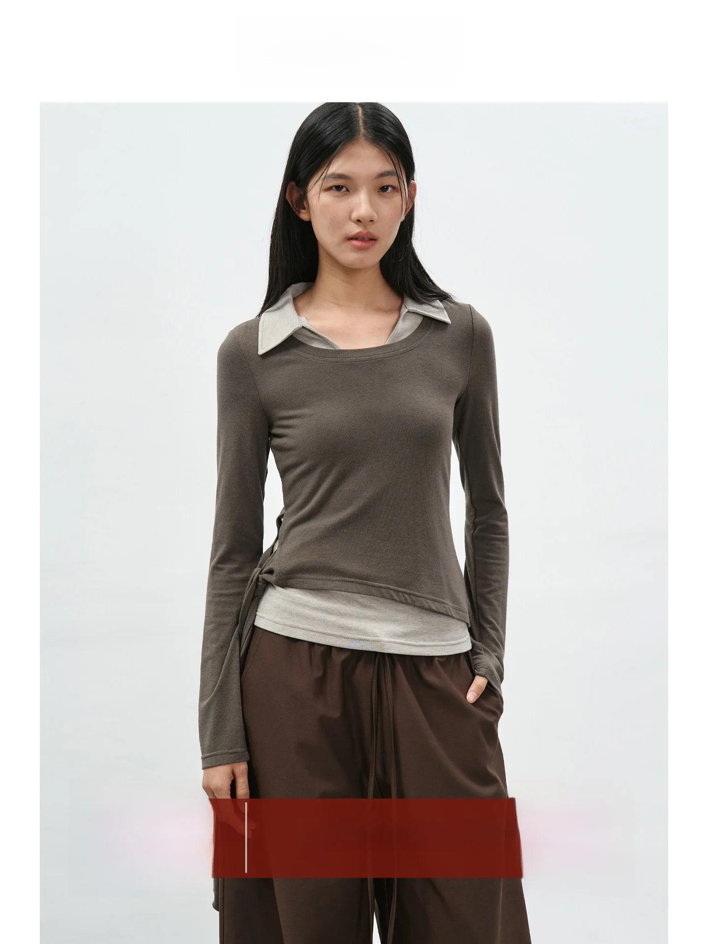 

Женская футболка EIGHTHMONTH Color Blo Long Sleeve, повседневная, приталенная, базовая, с поясом