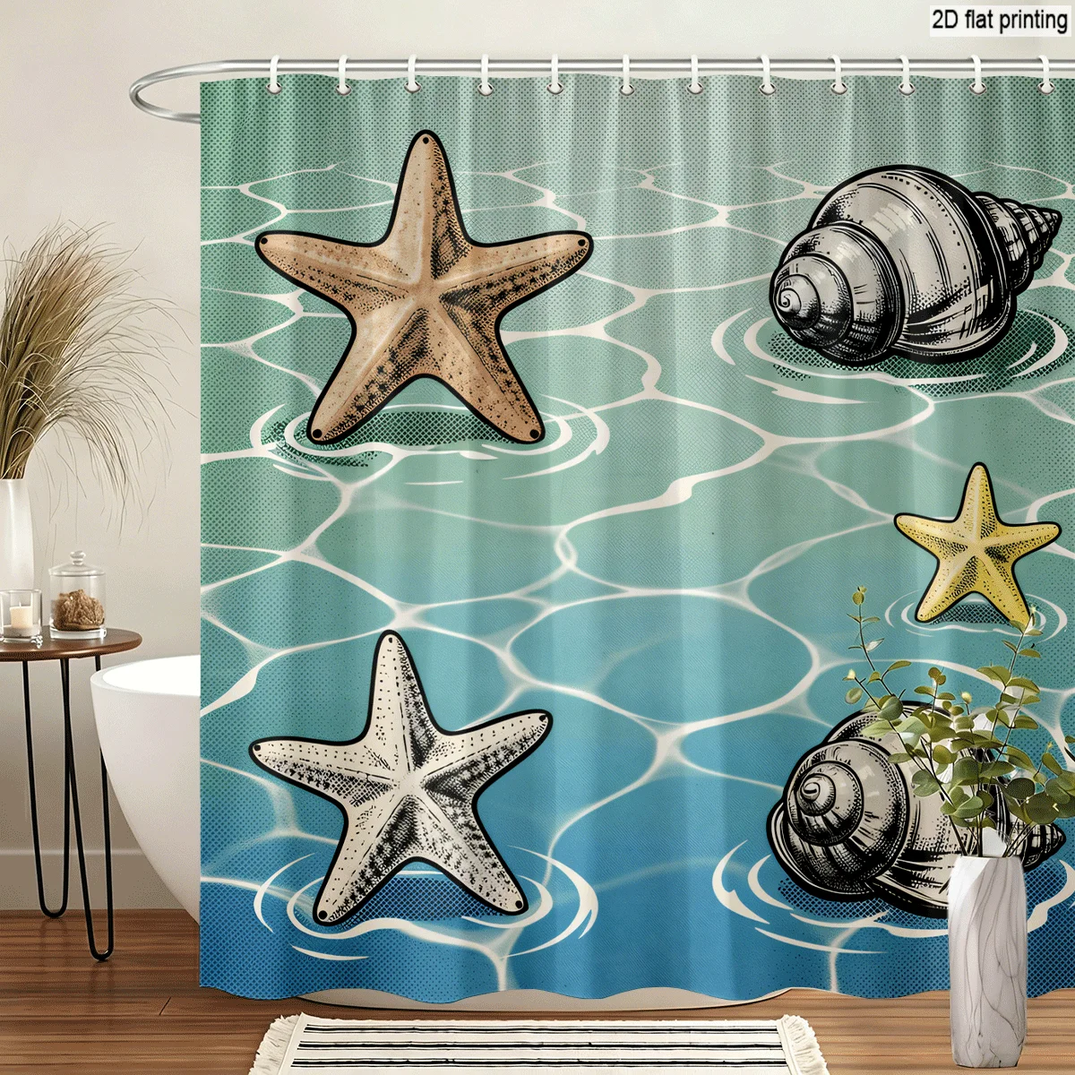 Waterproof Shower Curtain Tropical Beach Ocean Starfish Seascape Nautical Bathroom Decor Coastal Marine Luxury Seaside Wave Prin