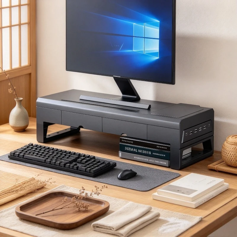 Wide Monitor Stand Riser, USB Charging Hub Dock, Laptop Screen Support, Metal Foldable Desktop Organizer Shelf for Gaming Office