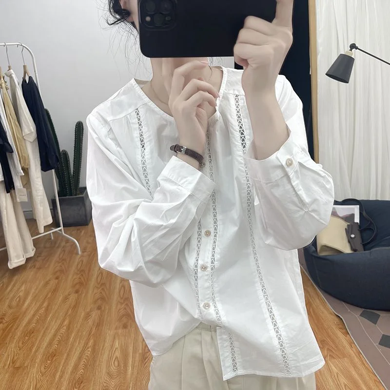 

Autumn Design Round Neck Hollow Cotton Long-sleeved Women's Top 2025 New Korean Style Loose Shirt