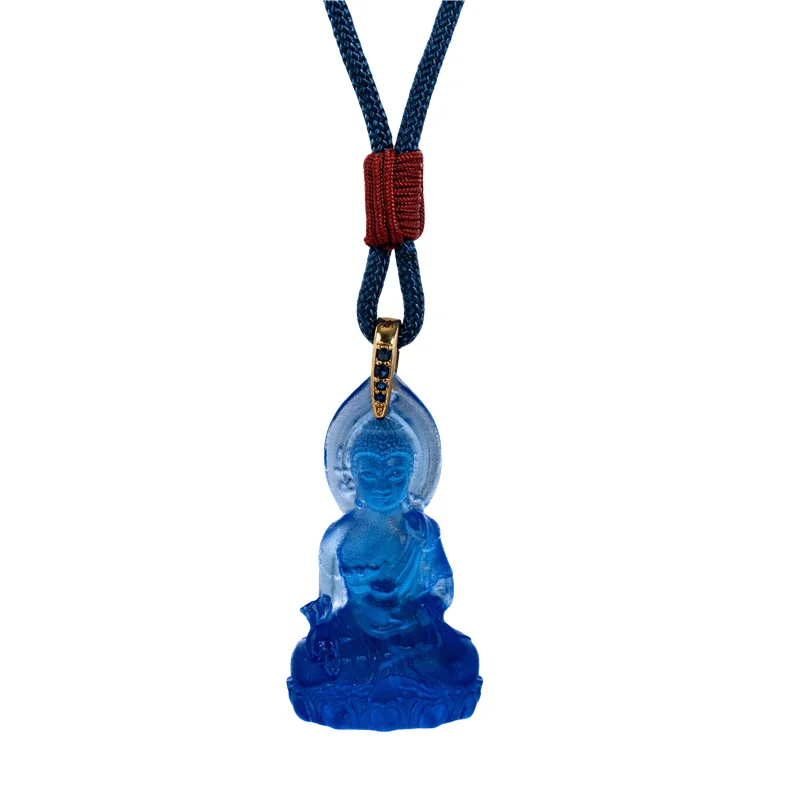 Blue Glazed Medicine Buddha Pendant Necklace Peaceful Portable Buddha Amulet for Parents Gifts