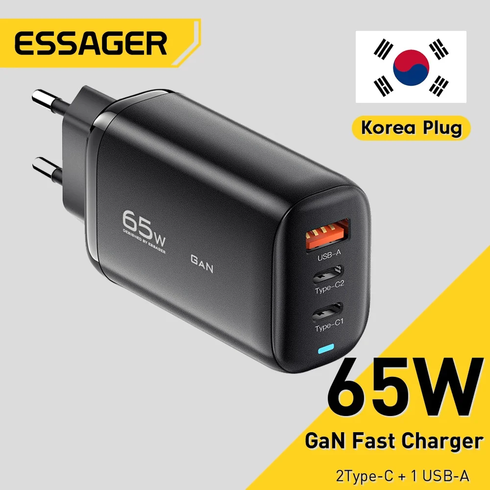  Essager 65W Korea Plug USB Type C GaN Charger For Laptop PD Fast Charging For iPhone 16 15 14 Pro Macbook Samsung Charge Adapter 