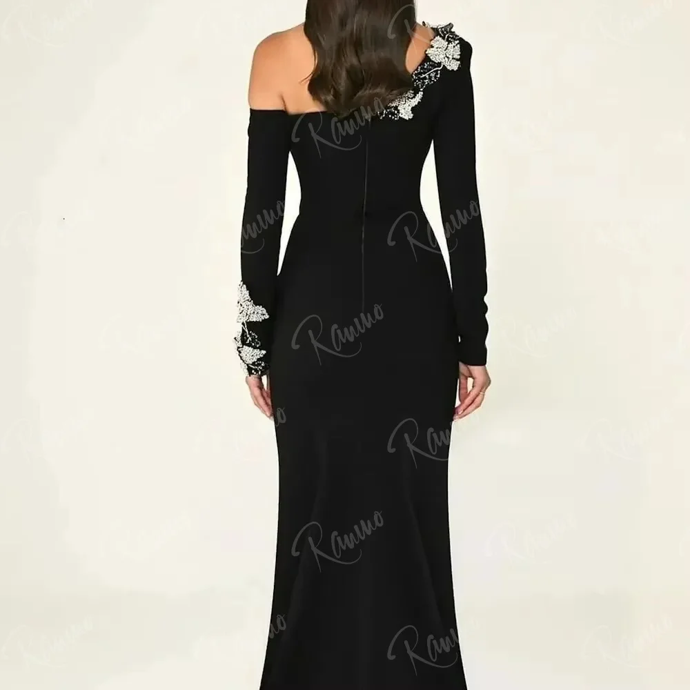 فستان حفلة موسيقية للمشاهير مخصص من Ranmo بأكمام طويلة وفتحة للحفلات من فيستدوس دي فييستا مطوي مطرز بالخرز بطول الأرض فستان سهرة