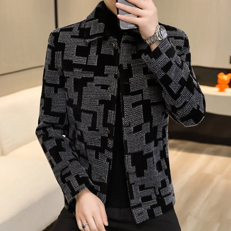 Winter Thicken Warm Wool Blends Jacket Men Fashion Plaid Casual Coat Slim Lapel Streetwear Overcoat Social Men Clothing 2022