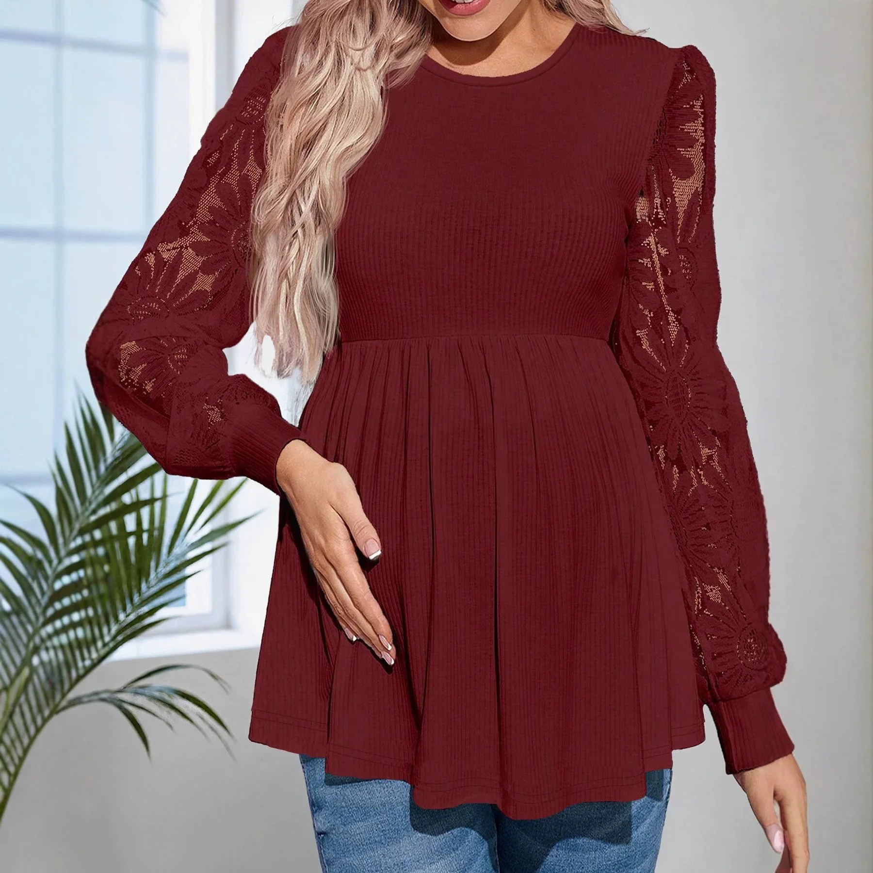 Maternity Spring and Autumn Lace Patchwork Lantern Long Sleeve Round Neck Ribbed Loose Versatile Belly Support T-Shirt