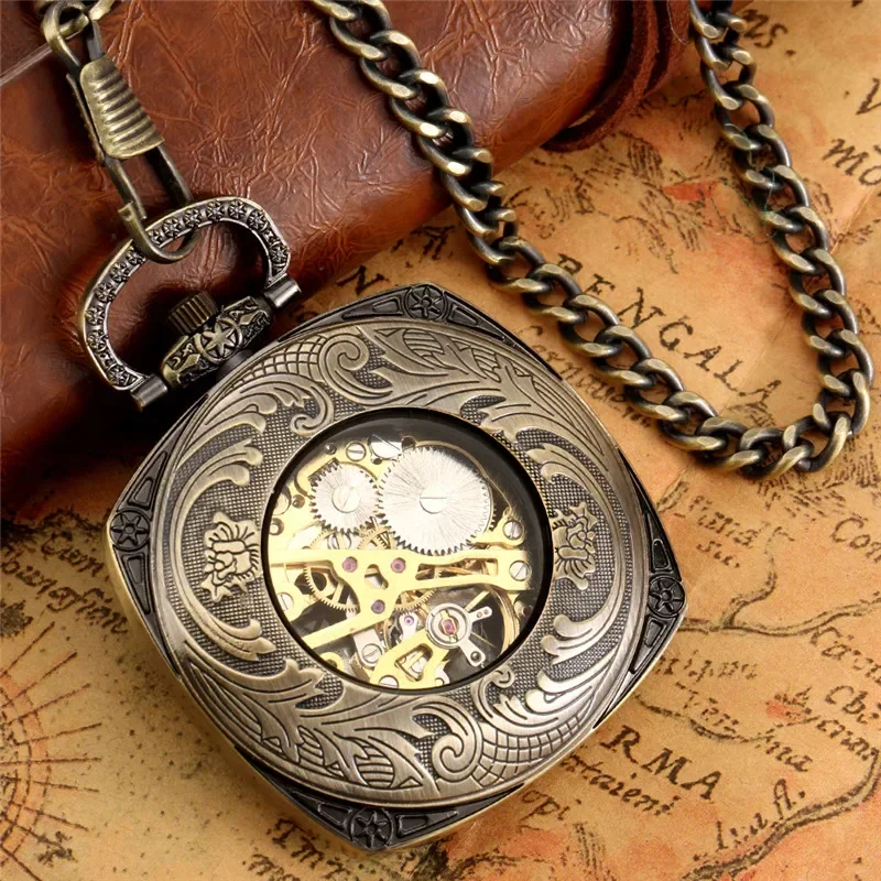 Bronze Square Case Men Women Handwinding Mechanical Pocket Watch with Pendant Chain Skeleton Clock Retro Timepiece
