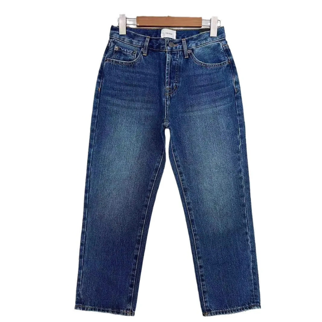 Women blue jeans High waisted straight denim pants