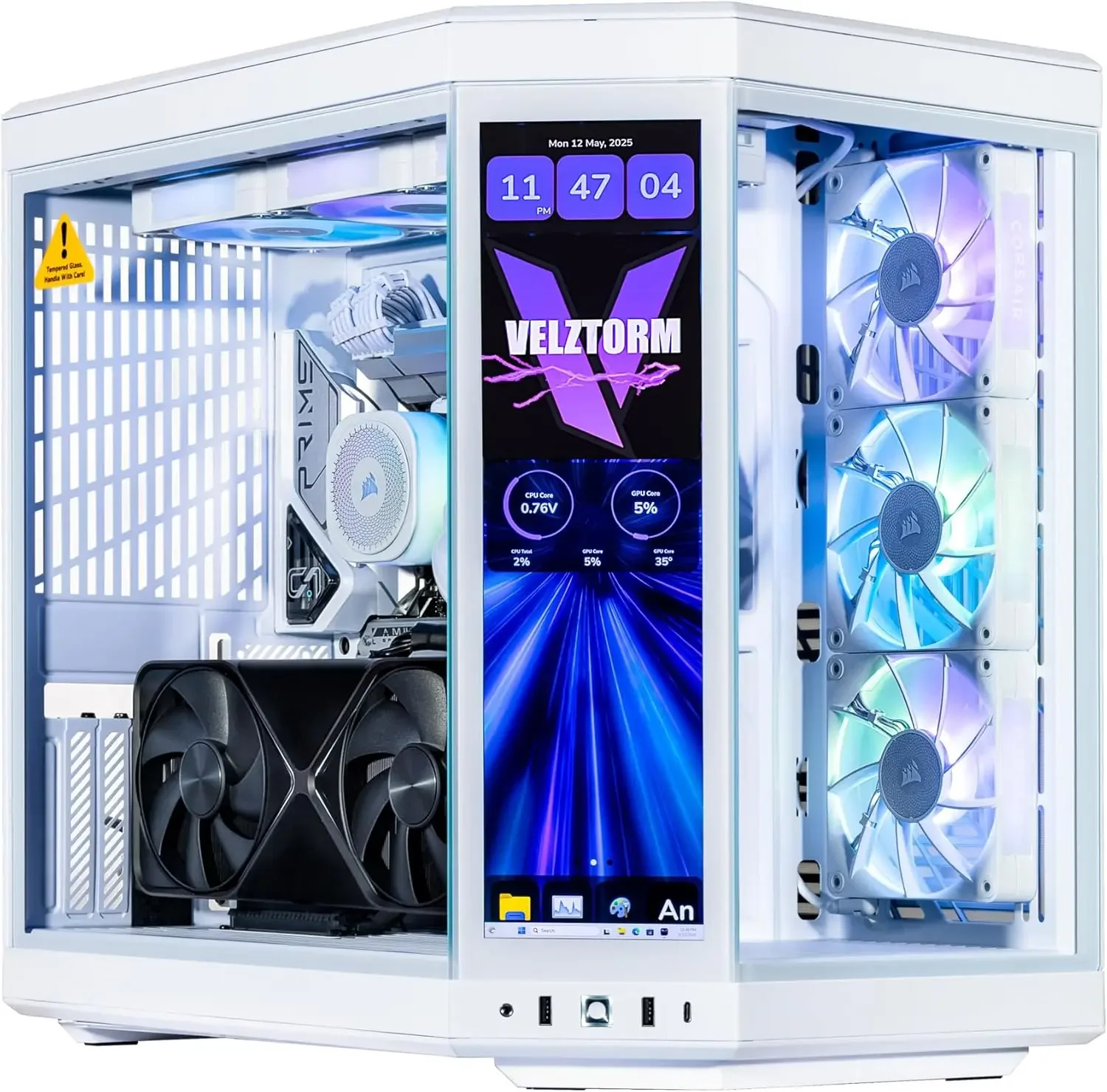 Velztorm LCD White Praetix Custom Built Y70 Touch Gaming Desktop PC (GeForce RTX 5080 16GB, Liquid Cooled Intel i9-14900K, 32GB