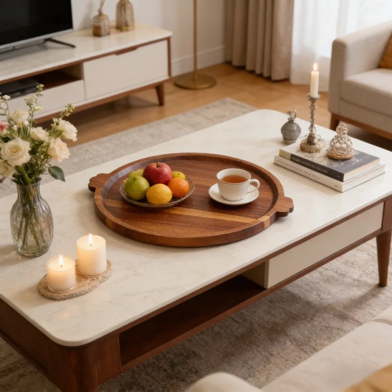 Japanese Style Round Acacia Wooden Serving Tray Multipurpose Plate Snack Dish Coffee Table Decor Fruit Platter for Home Kitchen
