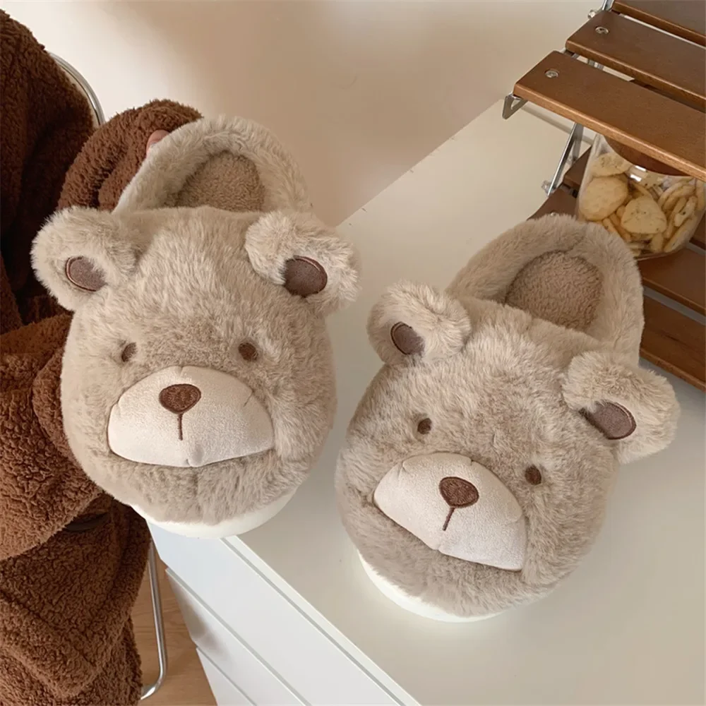 Winter Home Indoor Warm Women\'s Cotton Slippers New Cute Plush Little Bear Slippers Comfortable Soft Sole Simple Plush Slippers