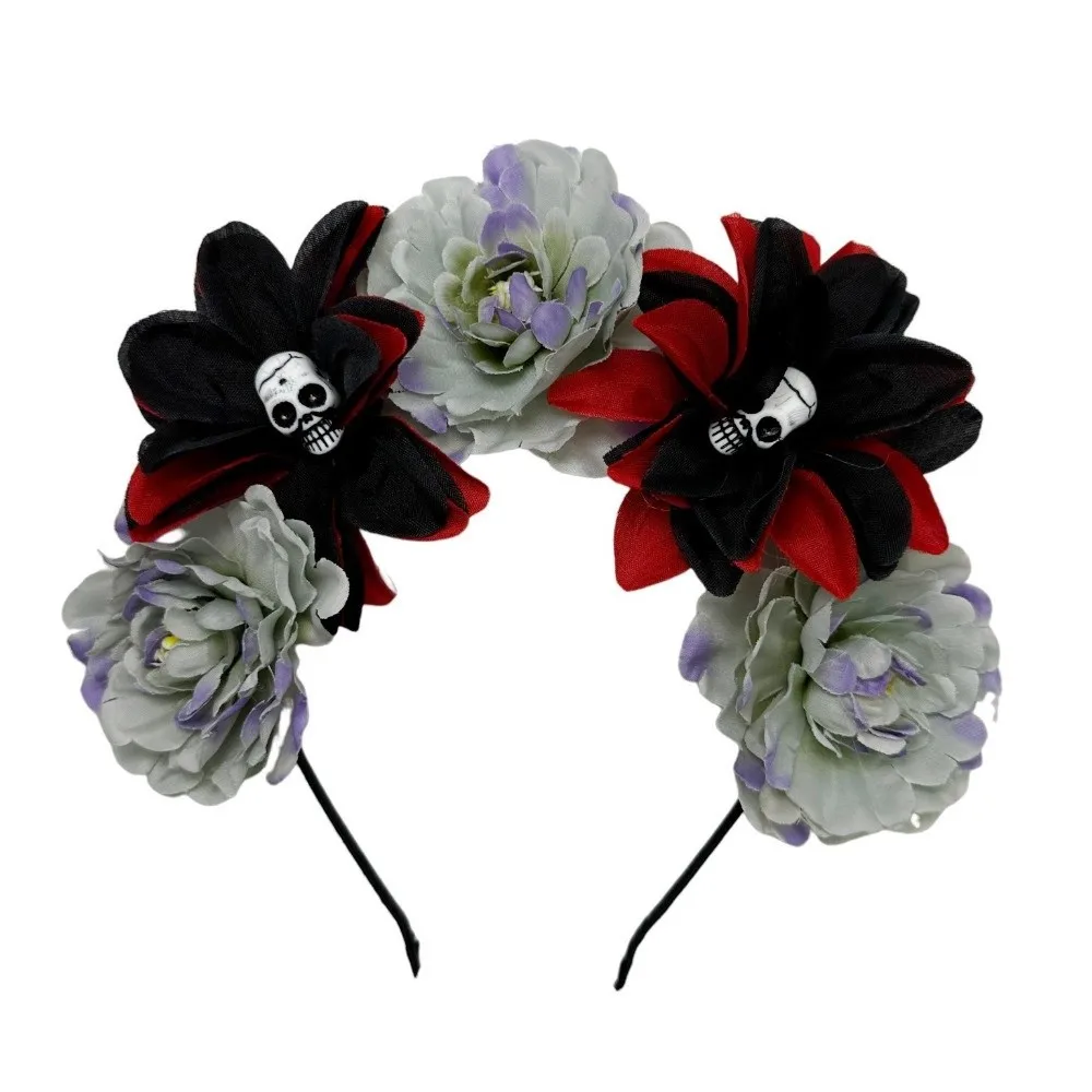 Exaggerated Skull Head Headband Simulation Flower Colorful Halloween Hair Hoop Funny Halloween Decor Gothic Flower Hairband