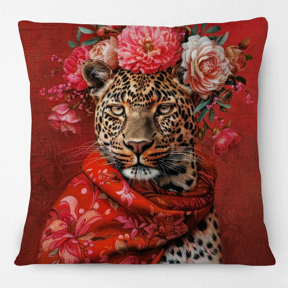 Floral Crowned Leopard European Fashion Animals Portrait Painting Cushion Covers Pillow Case For Sofa