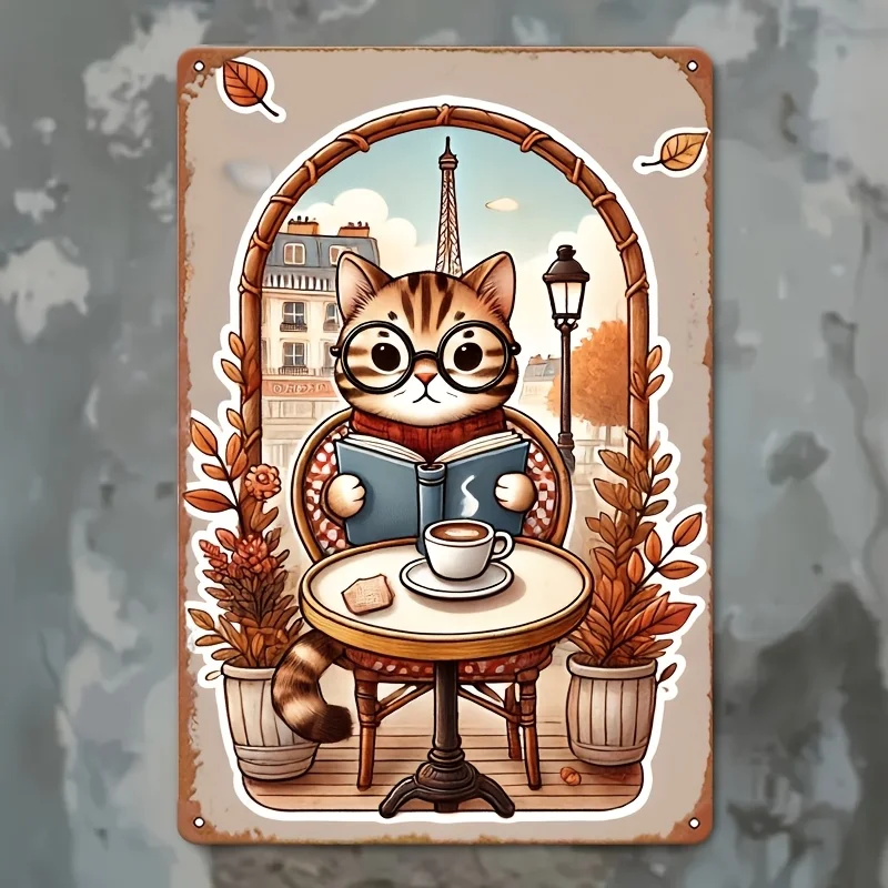 Vintage Parisian Cat Reading Coffee Metal Wall Art - Whimsical Tinplate Decor with Tower & Autumn Scene, es, Easy to Hang