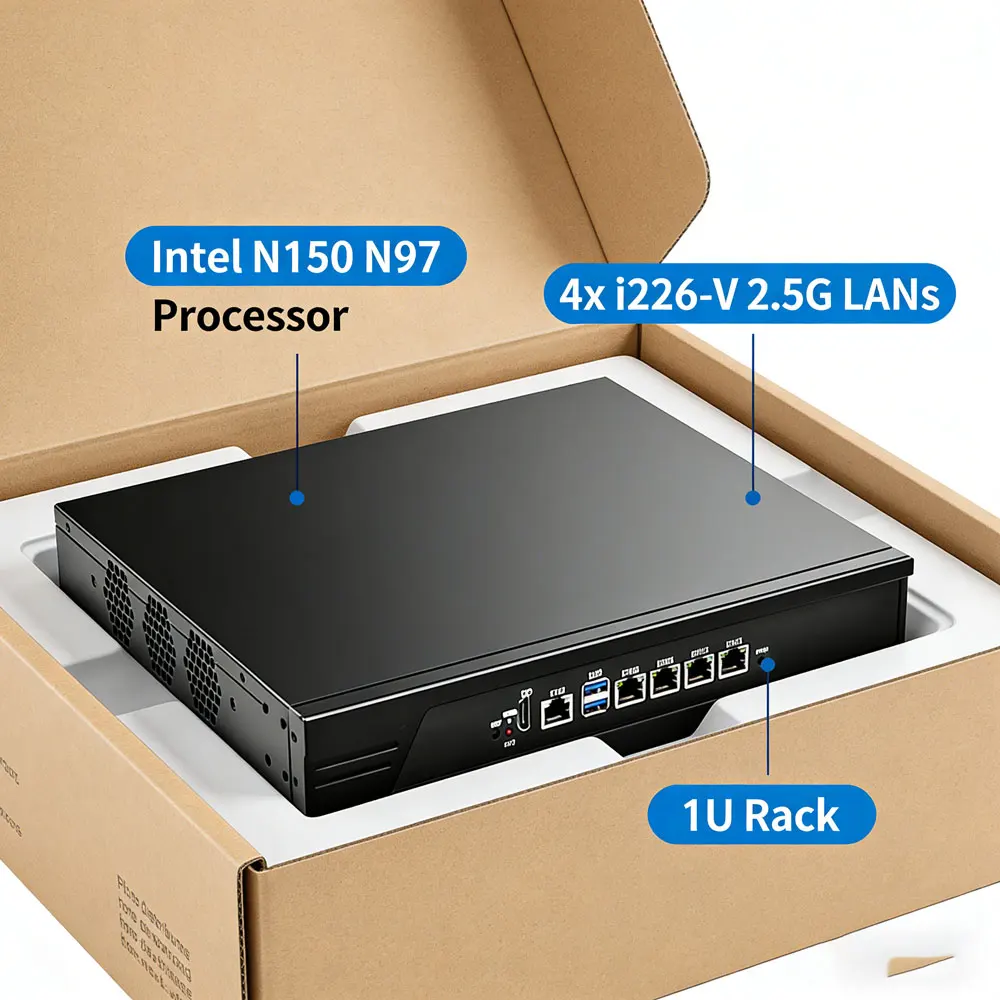 1U Intel N150 N97 Firewall Appliance Rackmount 19 Rack Firewall Hardware with 4*i226-V 2.5GbE LAN Homelab Server VGA/HDMI/LVDS