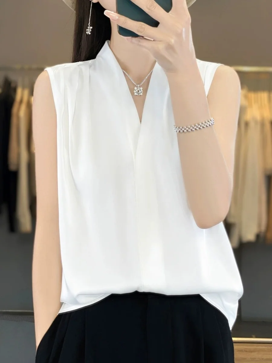 Ele V-Ne Silk Acetate Satin Women's Tank Top Svel Summer irt Inner Wear Casual Comfortable Loose Fit  Color