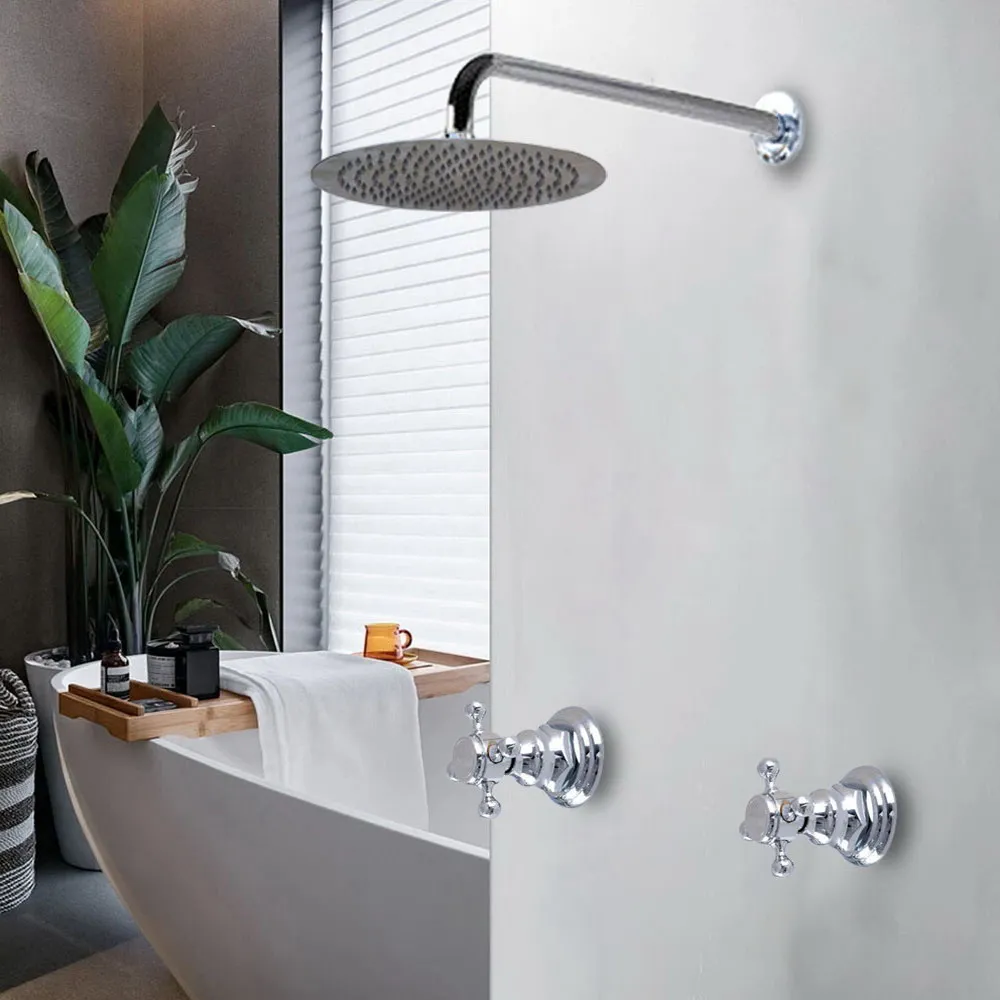 

Polished Chrome Brass Wall Mounted Bathroom Dual Handles 8" Inch Rain Shower Head Faucet Set Bath Mixer Tap abn227