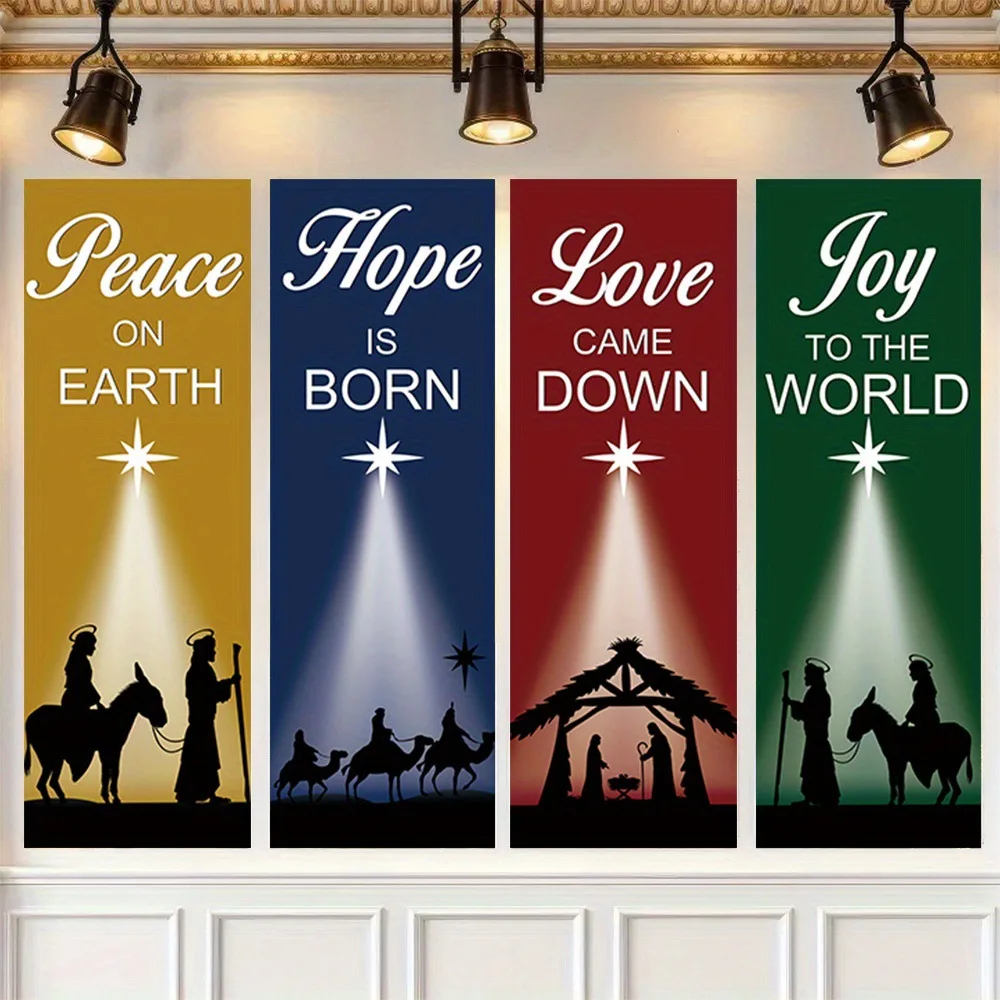 4-Piece Christmas-Themed Banners Depicting Religious Blessings, Suitable for Wall Decoration in Churches, Homes, and Other Locations