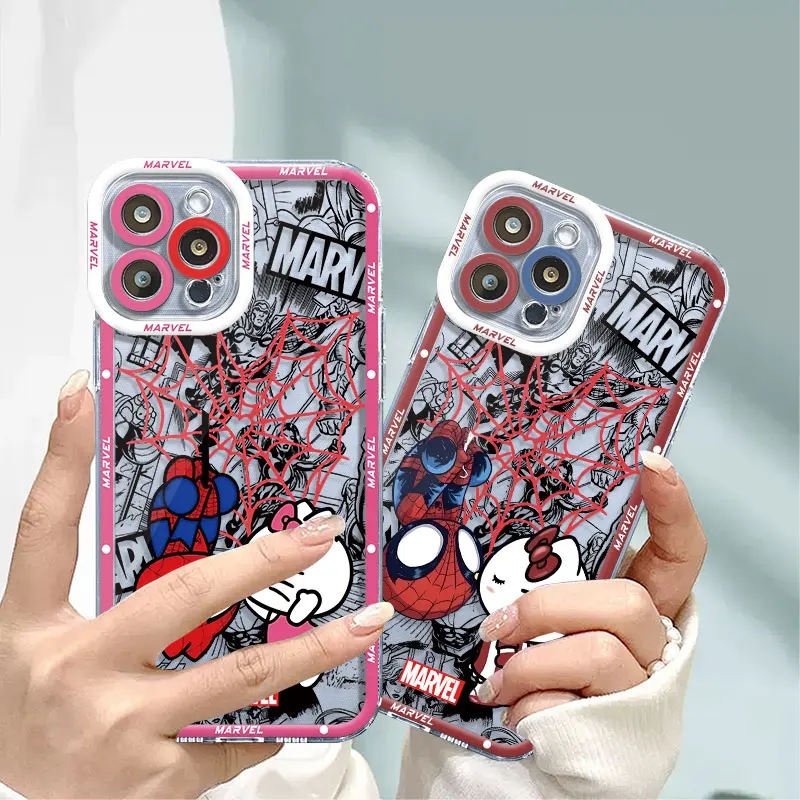 Case for iPhone 12 Pro SE XS Max 11 XR 13 Mini 14 Pro Max 7 8 15 Plus Spider Man Cute Hello Kitty Transparent Soft TPU Cover