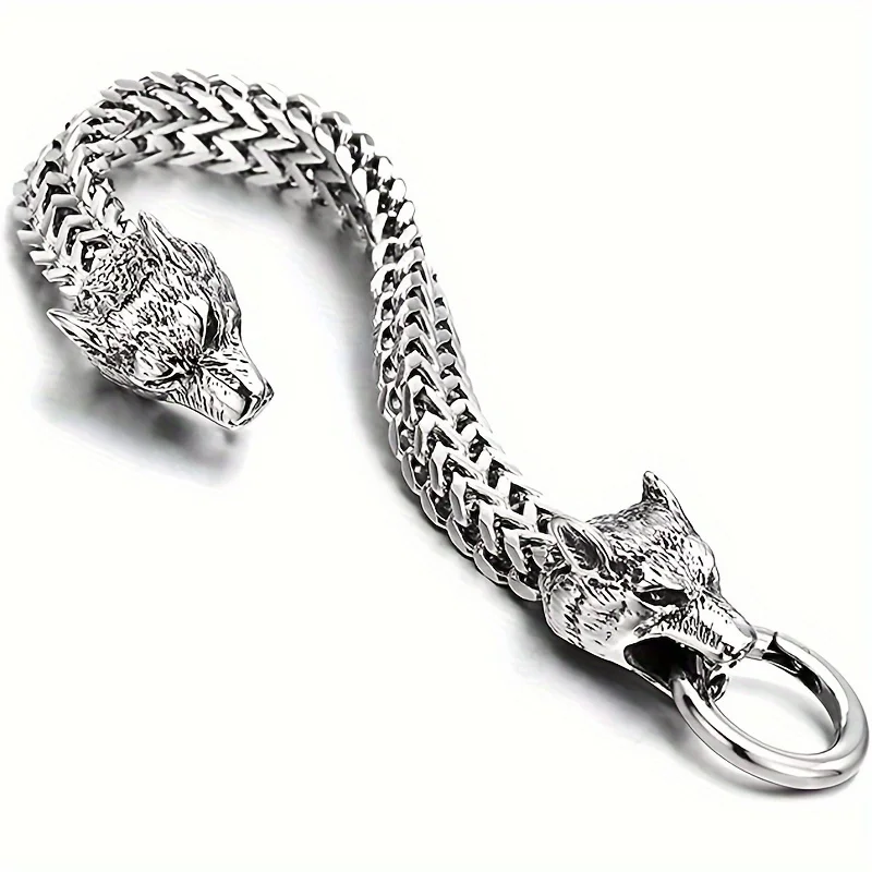 Men's Stainless Steel Wolf Head Franco Link Chain Bracelet Vintage Personalized Viking Wolf Head Bracelet