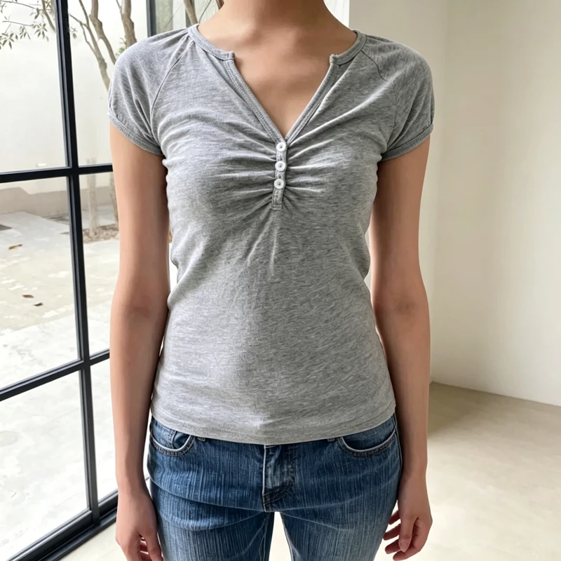 Women's 3-Button Ruched Slim Fit Cotton T-Shirt