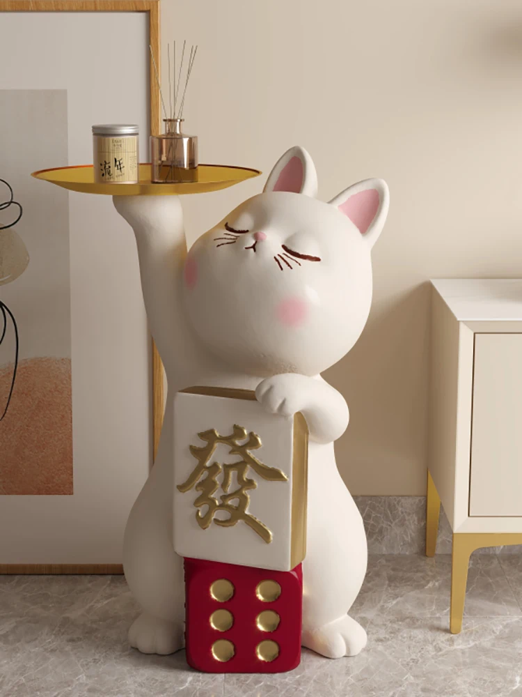 

Home Decor Lucky Cat Statue Tray Storage Decor Living Room Large Floor Art Ornaments Cartoon Animals Welcome Sculpture Ornaments