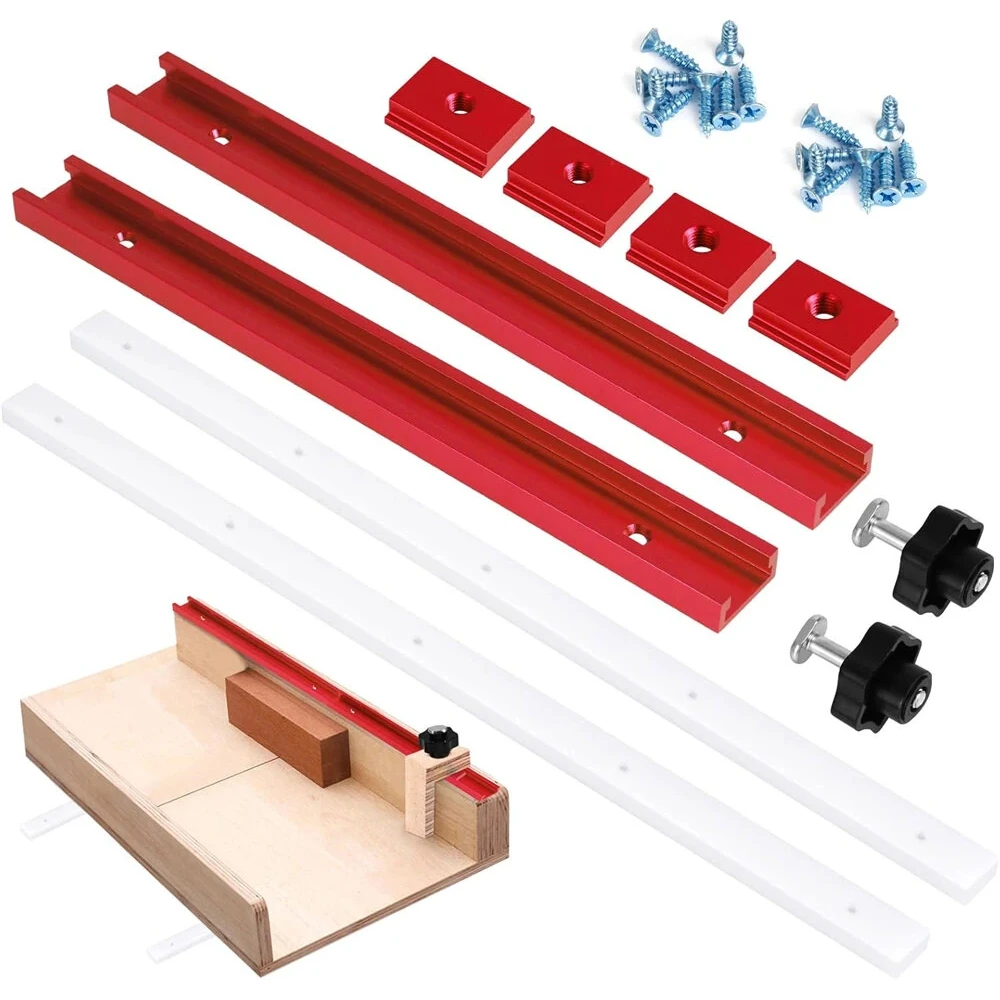 

DIY Table Saw Crosscut Sled Kit with 17" UHMW Bars 12" Aluminum T-Tracks Knob Bolt and Screws Set Fits 3/4" x 3/8" Miter Slot
