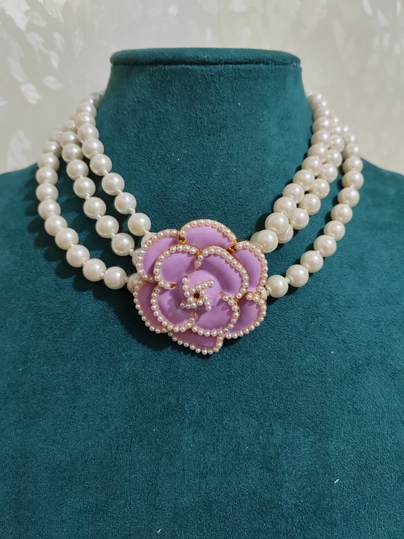 Koreaanse Trui Ketting Gelaagde Parel Ketting Hanger Voor Vrouwen Carmellia Bloem Sieraden