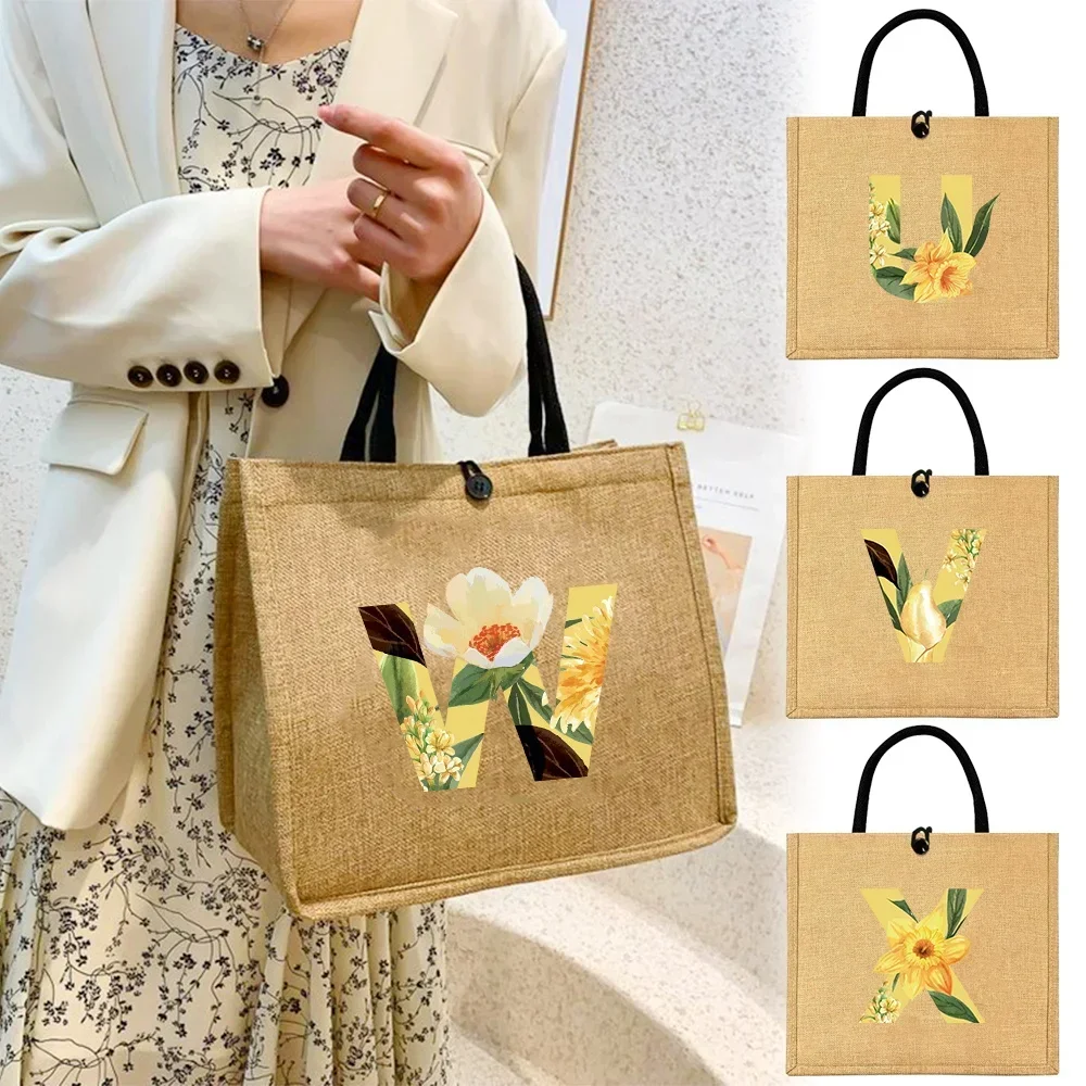 

Linen Bag Button Handbag Organizer Storage Jute Tote Bags Imitation Cotton and Women Shopping Portable Floral Printing Series