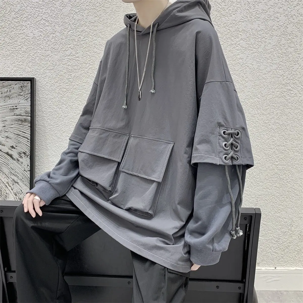 Spring Men Streetwear Pocket Cargo Hooded Hoodies Mens Korean Harajuku Stitched Sleeves Sweatshirts Male Hip Hop Clothing