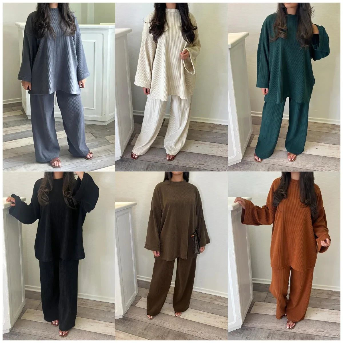 Herbst Winter Einfarbig Cord Hosen Sets Frauen Lose Lange Hülse Breite Beine Hosen Zwei Stück Set Weibliche Pendeln Kleidung