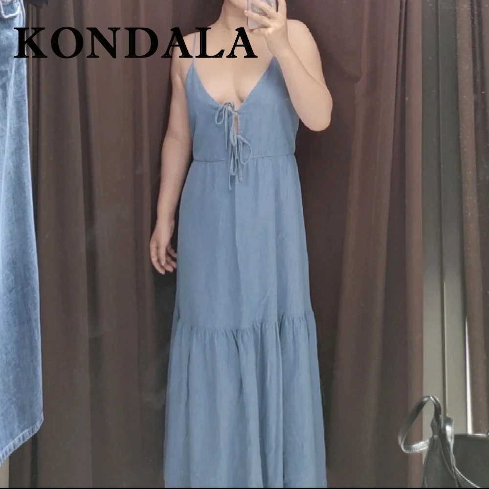 KONDALA Chic Sexy Fashion 2025 Summer Cowboy Woman Strap Long Cami Dress Close-Fitting Cavitary Bow-tied Female V-Neck Vestidos