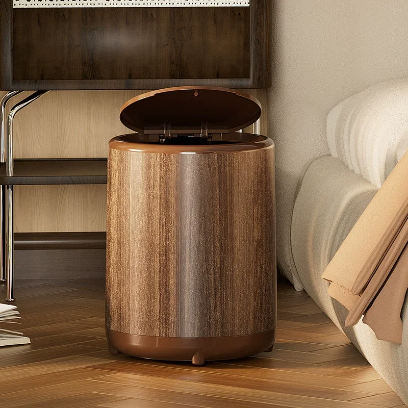 12L Household Living Room High-Value Garbage Bin, Imitation Wood Grain Storage Bin, Kitchen Lid And Wheel Movable Paper Basket