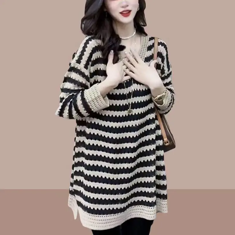 Women's Clothing Loose V-Neck Striped Sweaters Autumn New Korean Casual Long Sleeve Stylish Hollow Out Female Jumpers Knitted