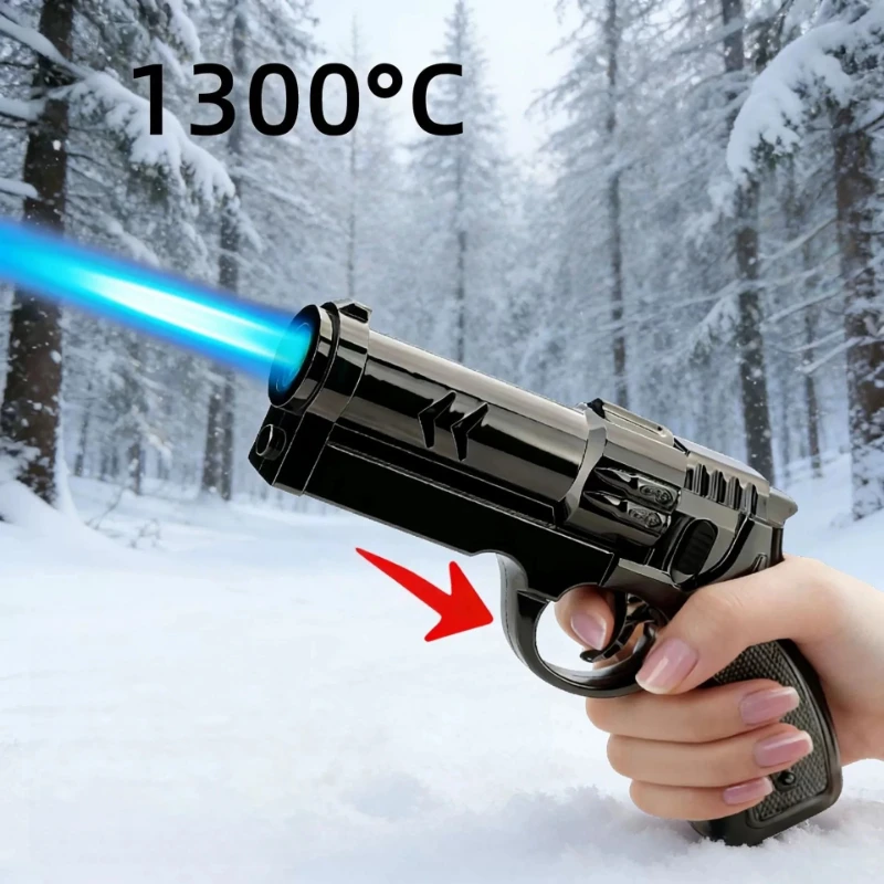 Creative Pistol Gun Shaped Butane Gas Turbine Lighter High-temperature Rotatable Flamethrower Lighter Camping Ignition Tool