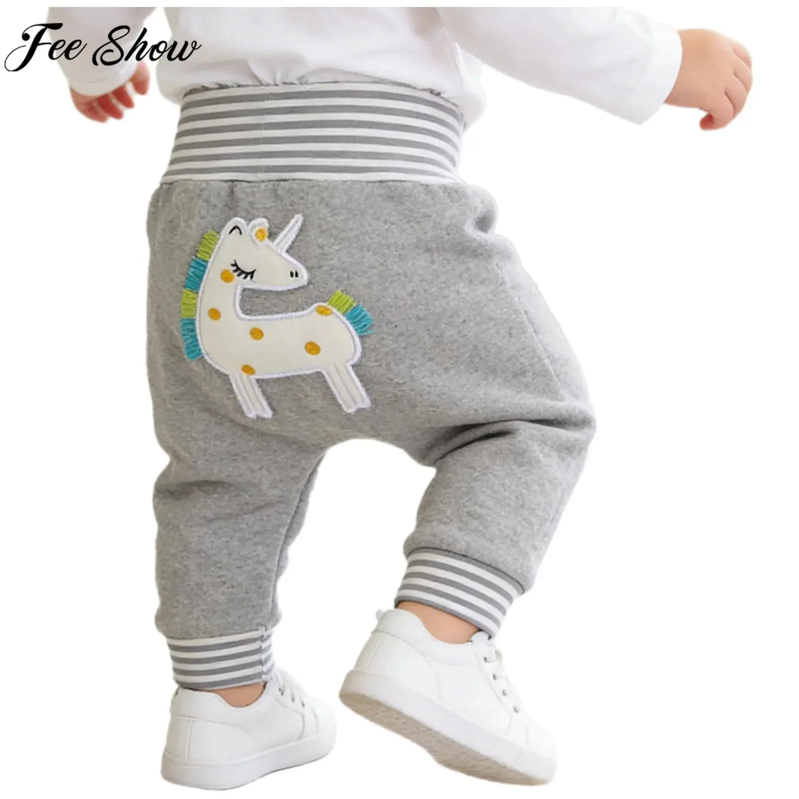 

Toddler Baby Cute Cartoon Pattern Fleece-Lined Jogger Pants Winter Warm Casual Costume Elastic High Waist Trousers Daily Wear