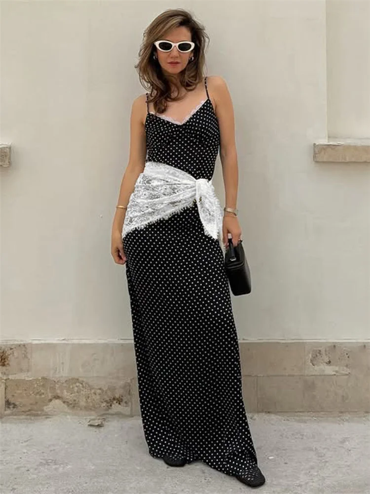 

Tossy Lace Patchwork Printed Long Dress For Women Summer Slim Fashion V-Neck Spaghetti Backless Dress Female Halter Dresses 2025