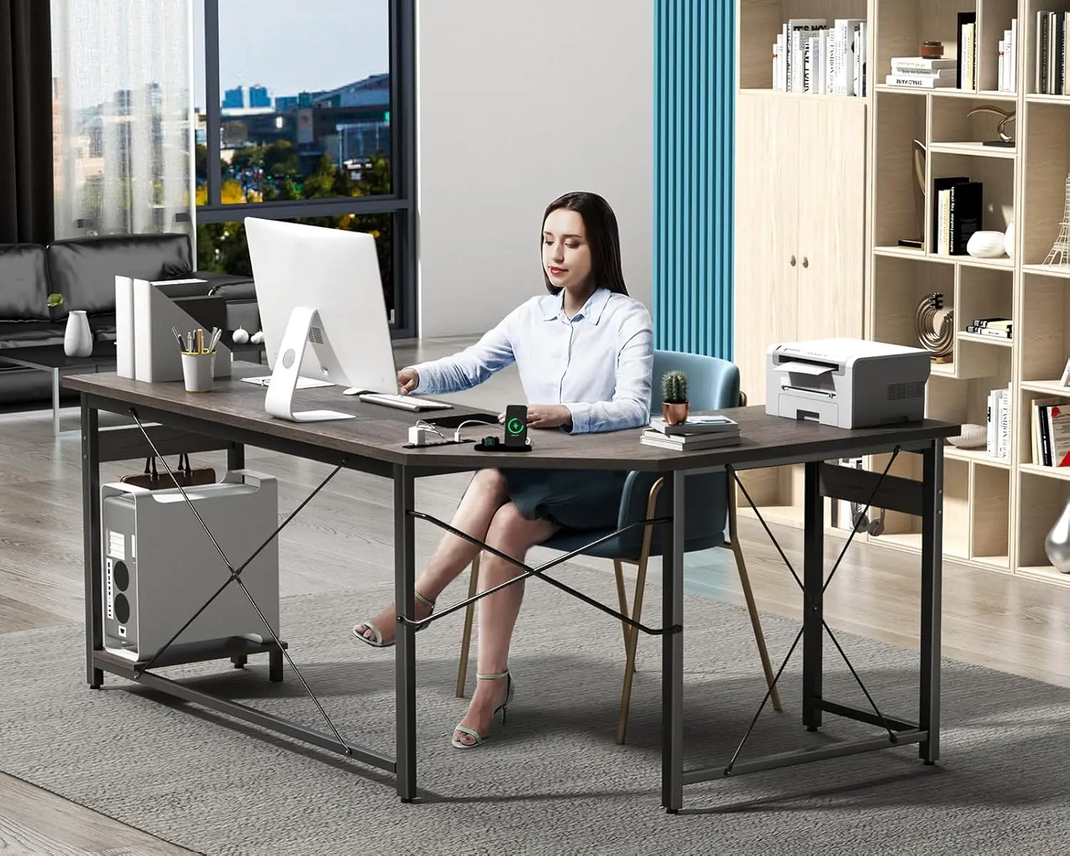 مكتب ألعاب على شكل حرف L مقاس 66 بوصة مع مخرج، مكتب على شكل حرف L مع حامل وحدة المعالجة المركزية، مكتب كمبيوتر زاوية، مكتب مكتب منزلي، مكتب كتابة، رمادي O