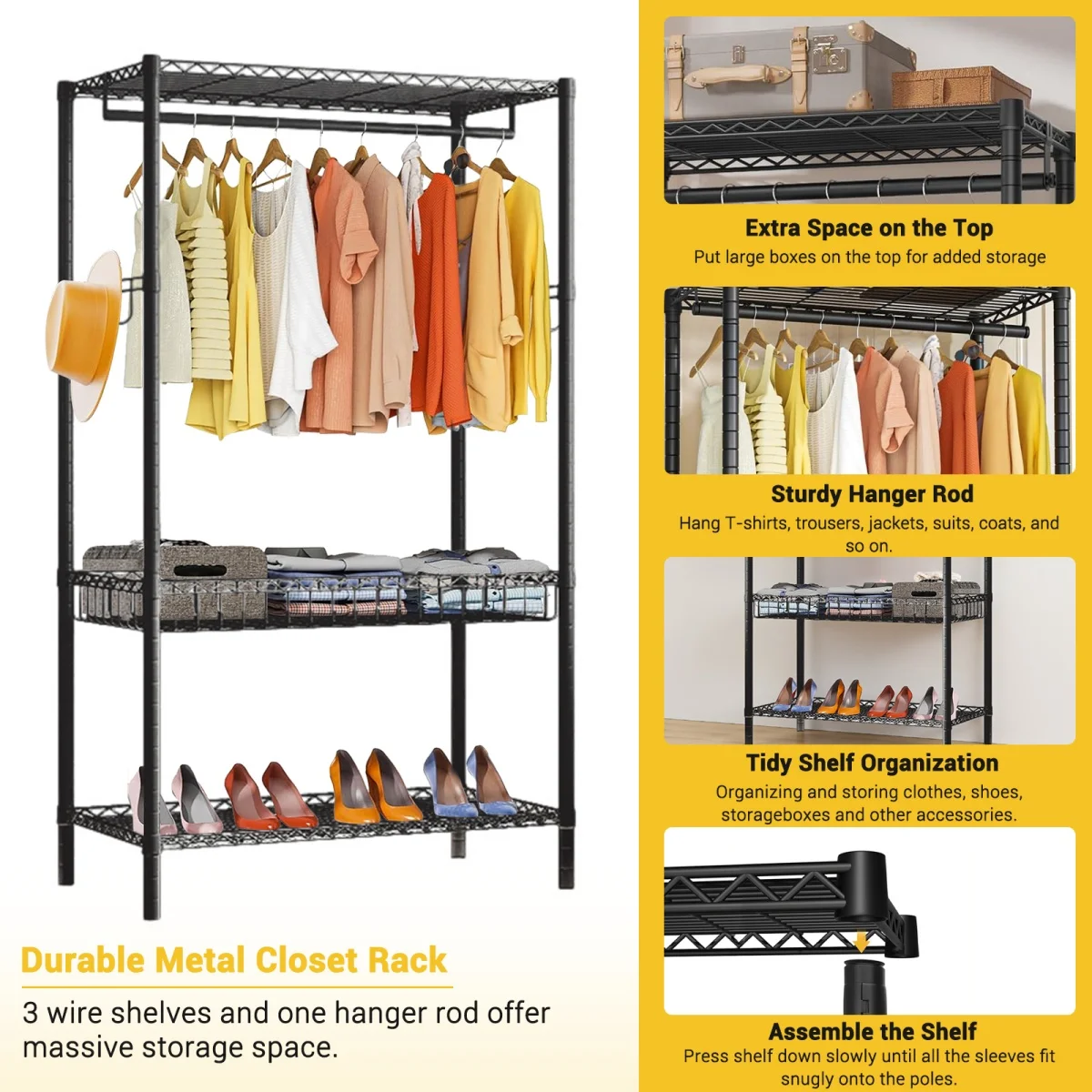 Metal Garment Rack Clothes Rack For Hanging Clothes Adjustable Wire Clothing Rack With Storage Shelves And Hang Rod