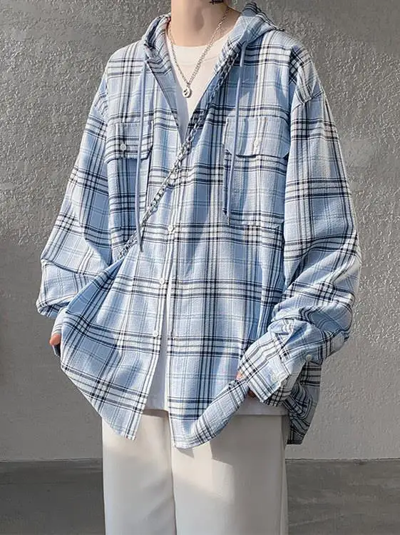 

Светло-голубая клетчатая куртка с капюшоном для мужчин, свободная, длинная, в стиле ретро, повседневная верхняя одежда, осенняя, модная, винтажная одежда американского бренда