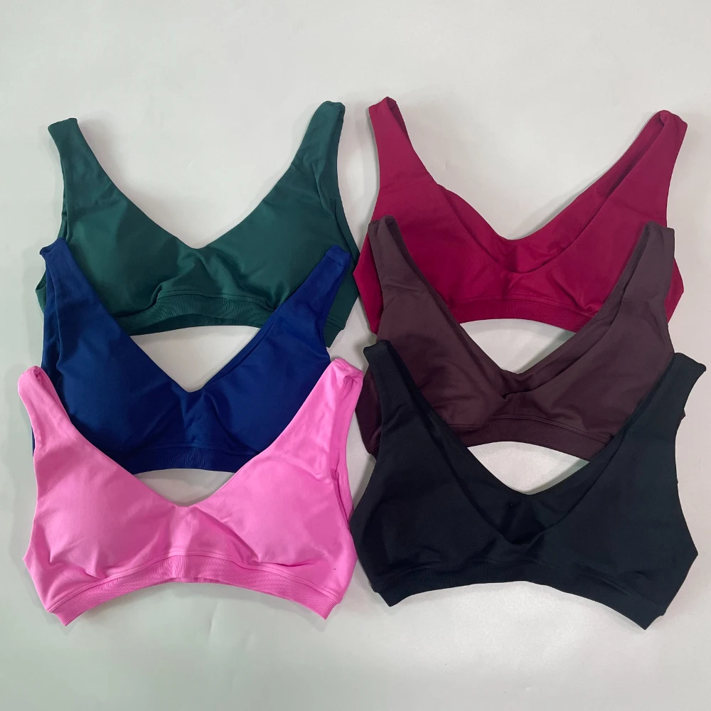 Damen Sport-BH mit rückenfreiem V-Ausschnitt, nahtloses Gym-Top, Workout-Yoga-Crop-Tanktop mit herausnehmbaren Polstern, hochelastischer Push-Up-BH – Detail 5