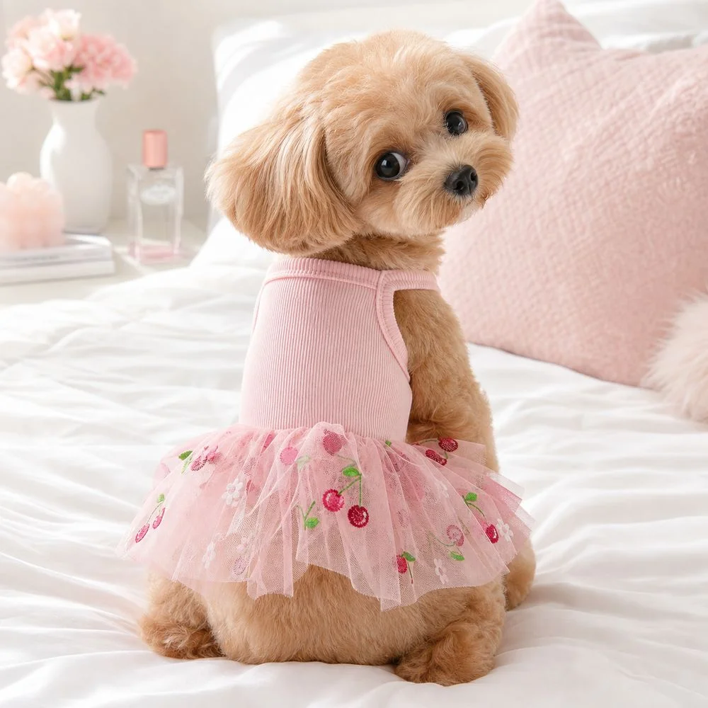 Cute Lace Dog Princess Dress Breathable Chiffon Cherry Print Puppy Skirt Dress Polyester Cotton Pet Dog Dress Puppies and Cats