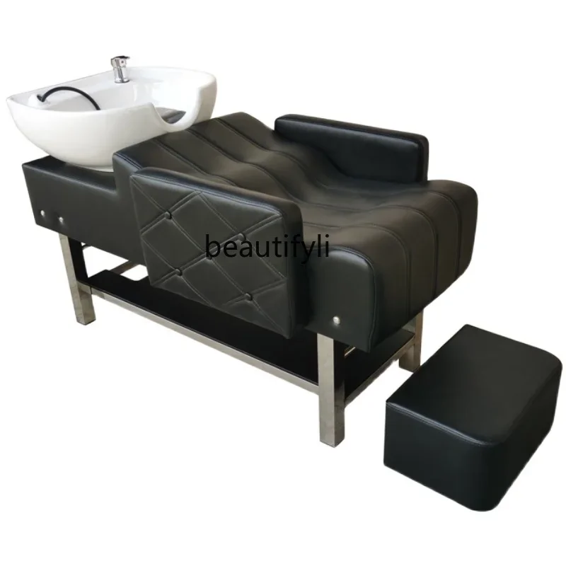 

Hair Saloon Dedicated Lying Half Ceramic Basin Flushing Bed Stainless Steel Tripod Shampoo Chair