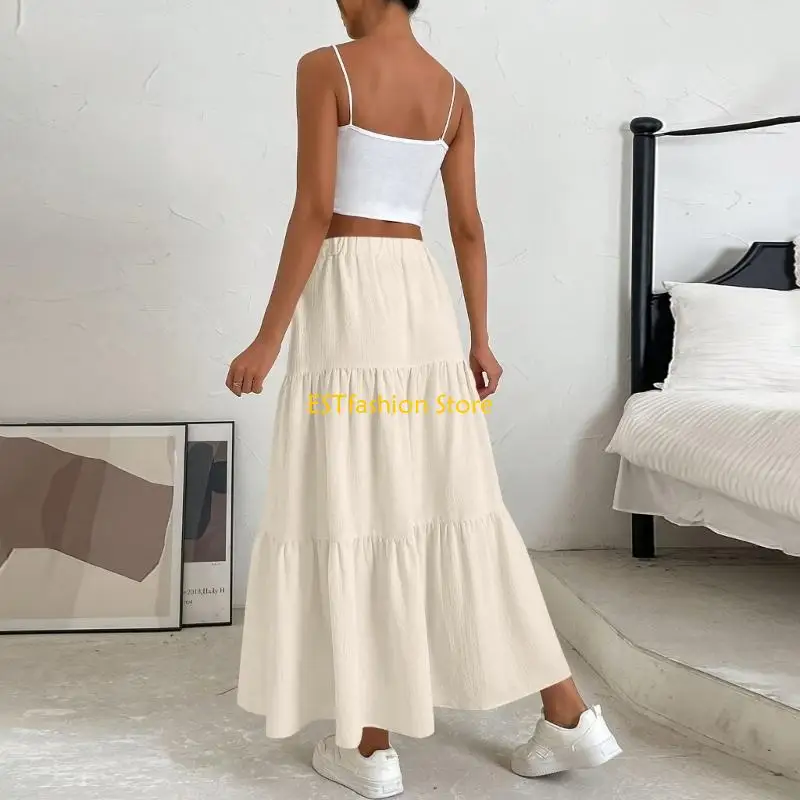 Y5GC Women's Elastic High Waist A Line Maxi Skirt with Retro Pleated Design Fashion Summer Dress for Casual and Vacation Wear
